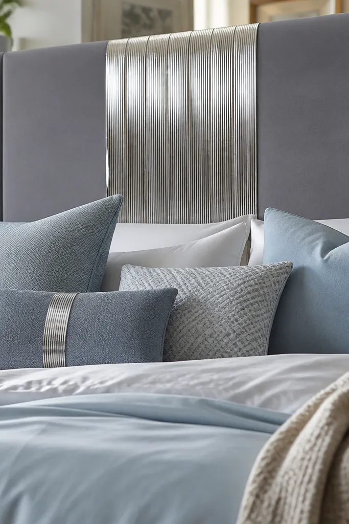 Grey headboard with a thin metallic fringe panel across the center
