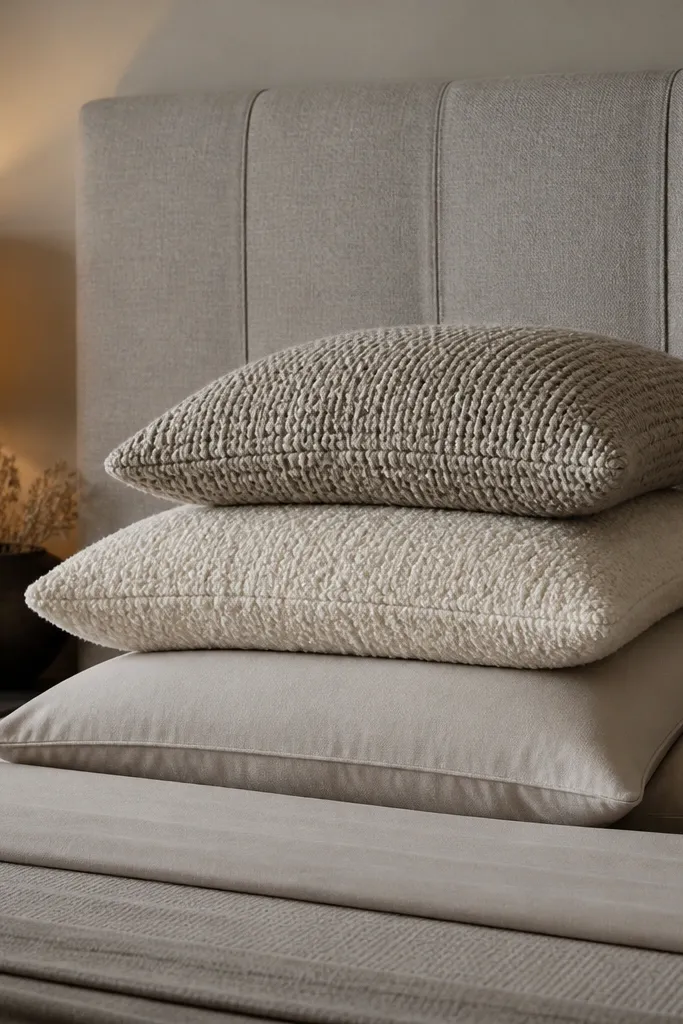 Grey upholstered headboard with layered pillows in pale grey and cream