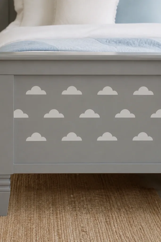 Grey headboard with pale white arched cloud stencil pattern