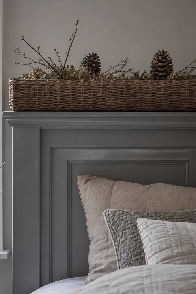 Grey headboard with a shelf-like row of woven baskets underneath
