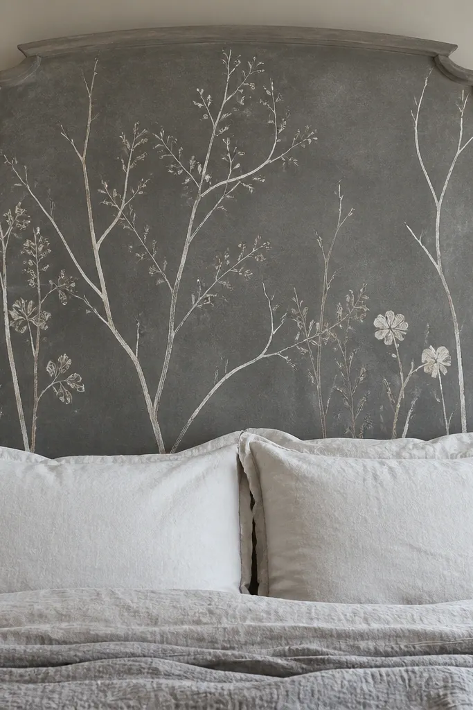 Grey headboard with pale grey botanical line drawings centered