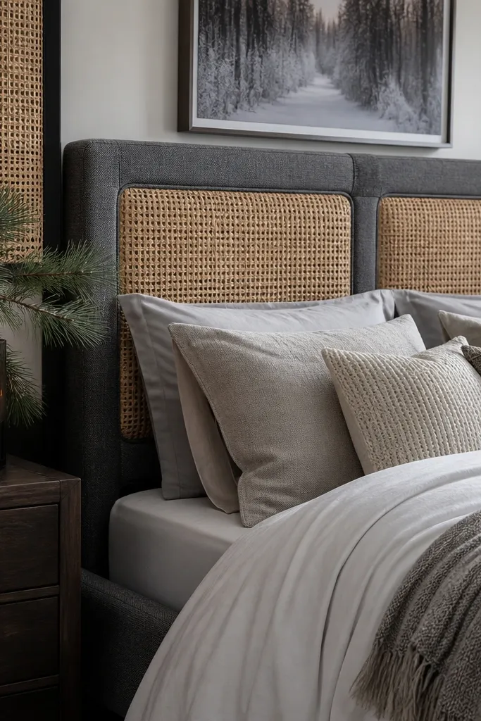 Grey headboard with a removable woven panel above it