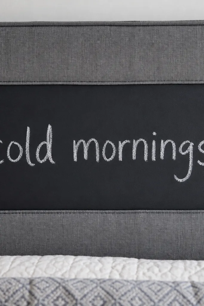 Grey headboard with a small chalkboard panel and soft white lettering