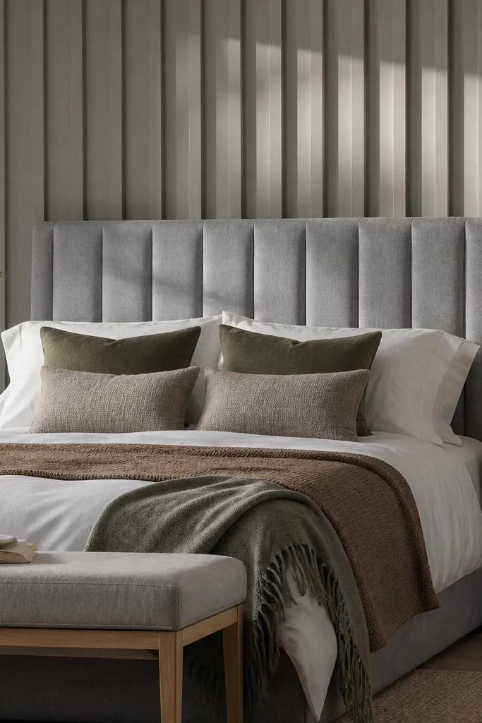 Grey headboard with subtle vertical slats in a slightly different grey shade