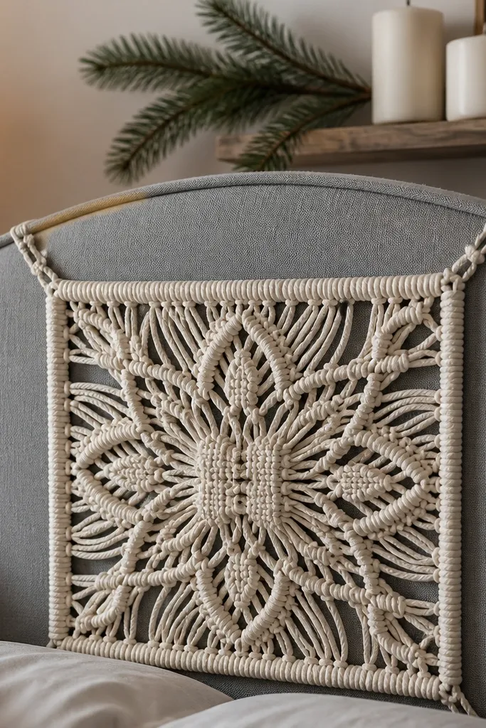 Grey headboard with a neutral macrame-style cord square centered