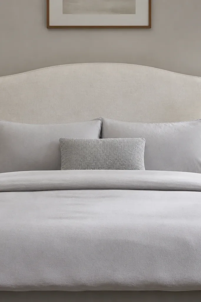 Grey headboard with a fitted seasonal fabric cover in soft cream