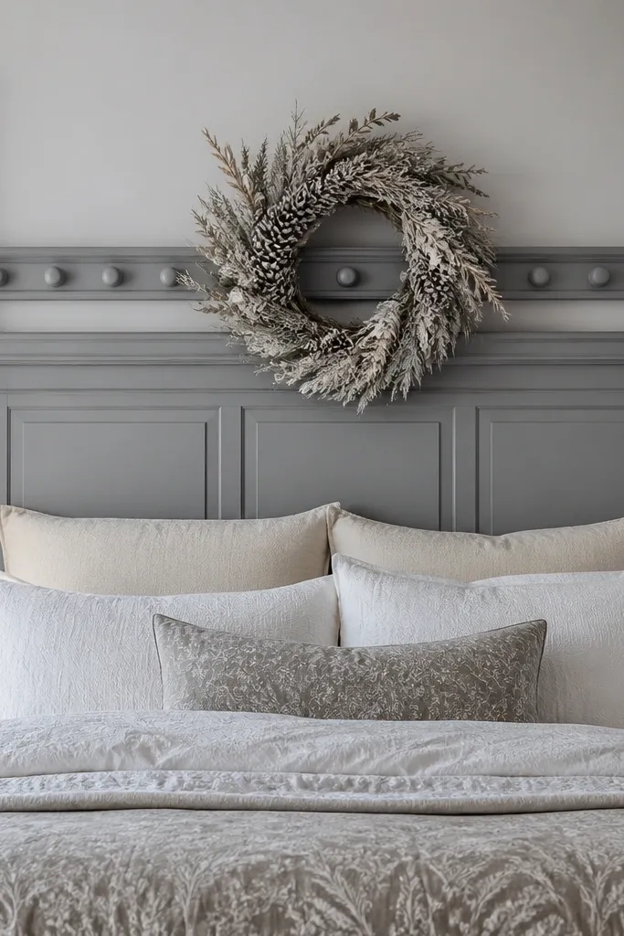 Grey headboard with a wreath rail holding neutral seasonal wreaths