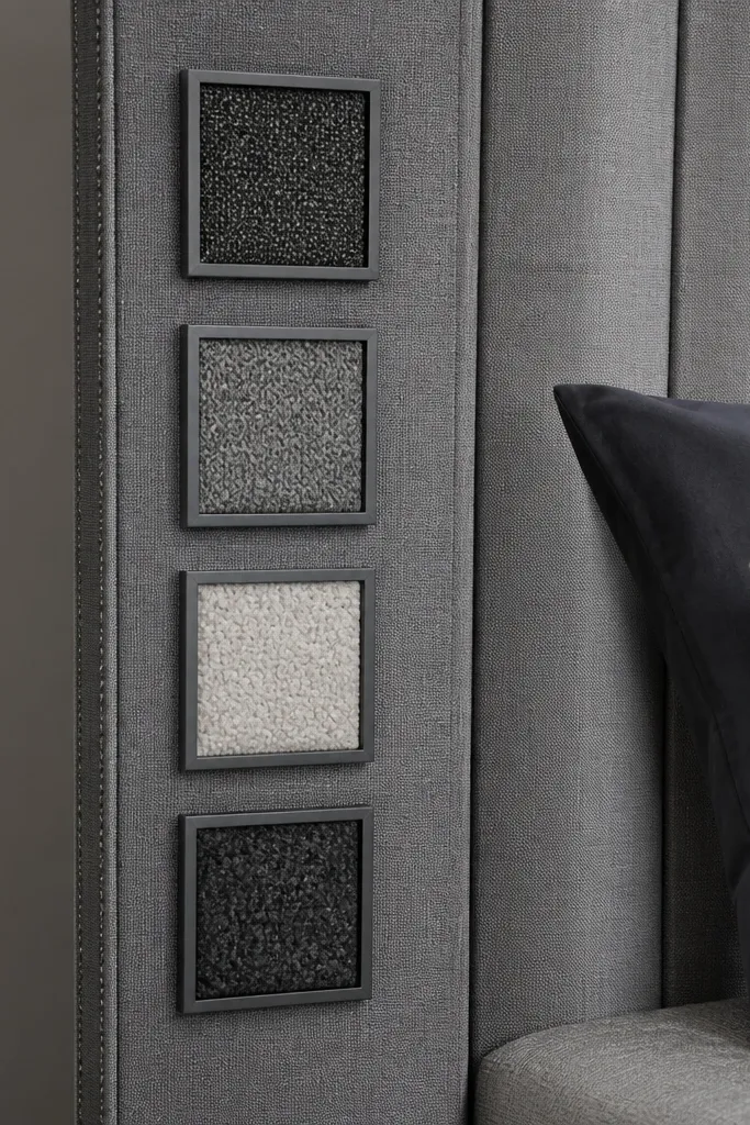 Grey headboard with small framed fabric swatches arranged in a neat grid