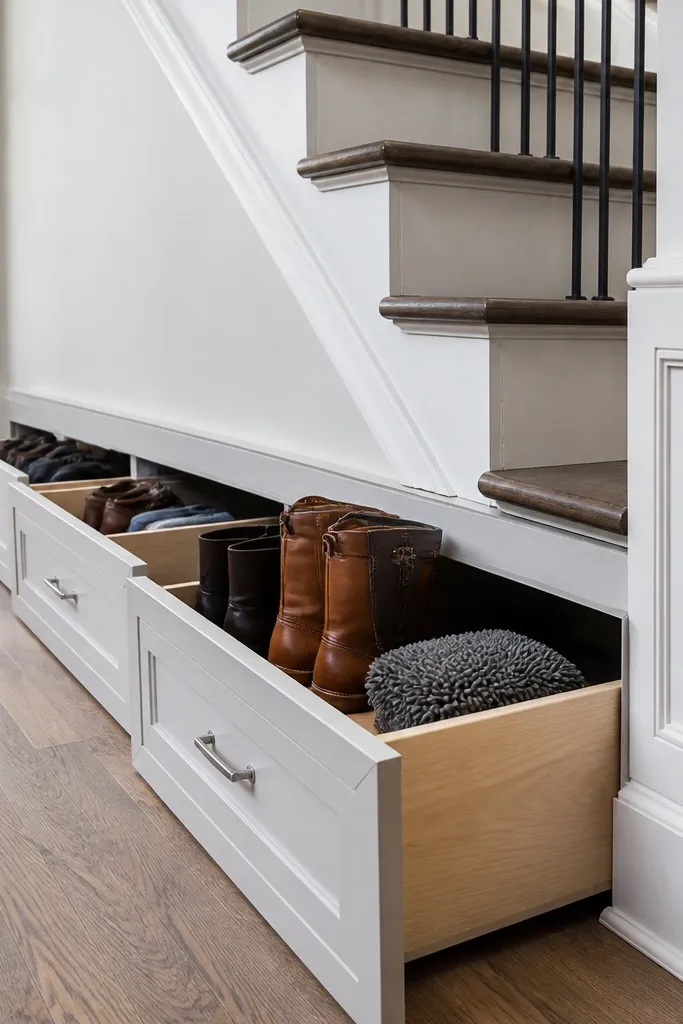 Under-stairs base drawers with black pulls and a painted kick plate