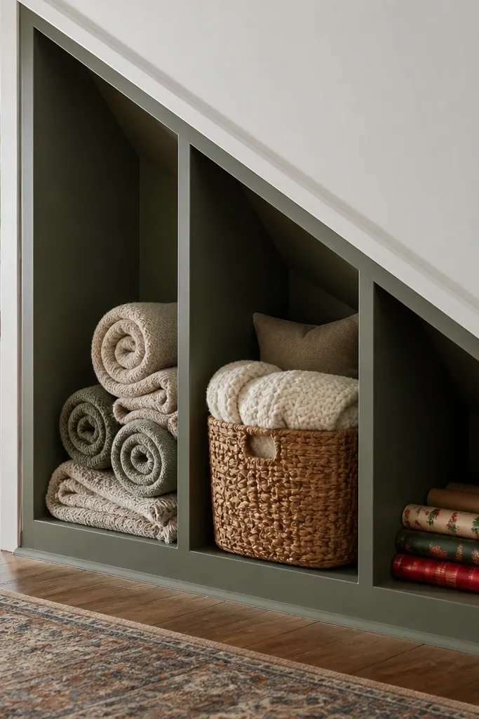 Open cubbies under stairs with angled back panels and neat baskets