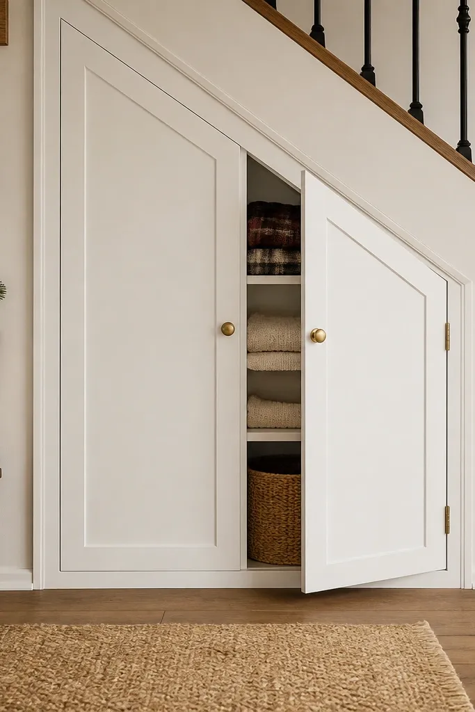 Under-stairs cabinet with two doors and a centered adjustable shelf