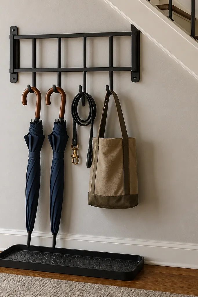 Under-stairs ladder rail with hooks and a neat umbrella holder