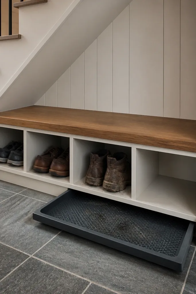 Under-stairs shoe cubbies with a wooden bench top and trays below