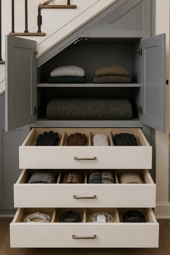 Under-stairs unit with two drawers on bottom and doors above