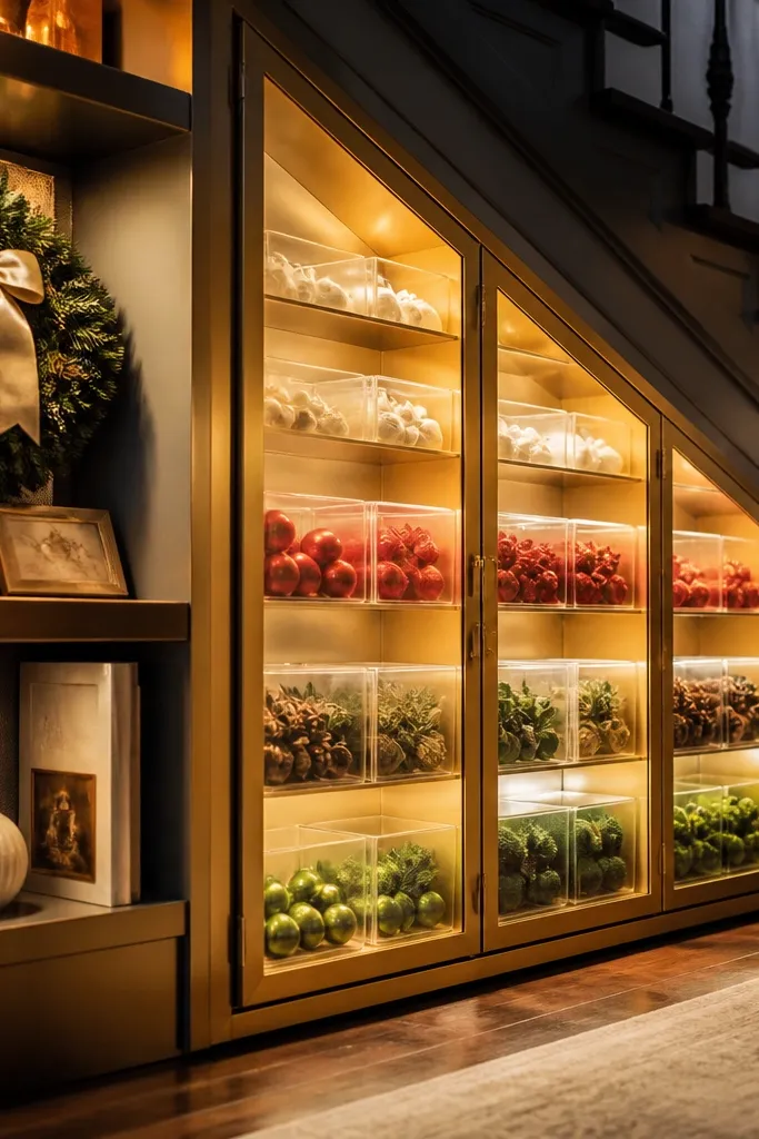 Under-stairs shadow box with glowing back panel and neatly stacked boxes