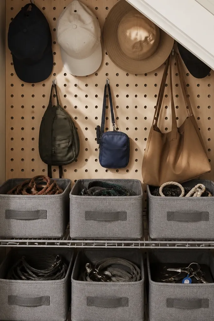 Under-stairs pegboard with hooks and matching fabric bins