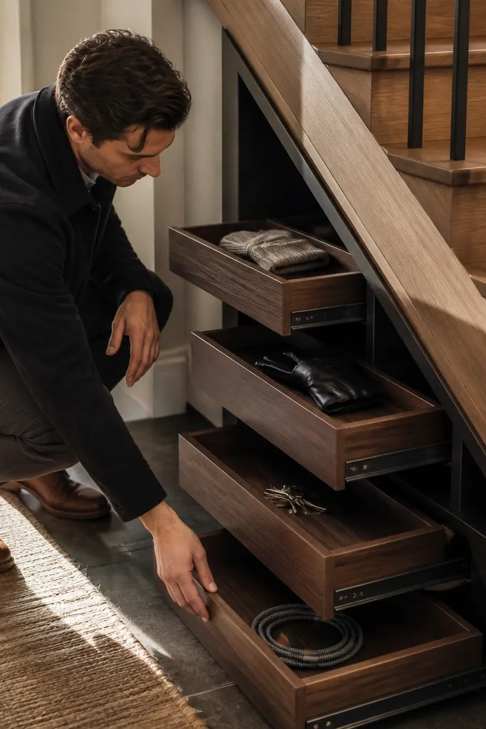 Under-stairs sliding trays with compartments and cable organizers