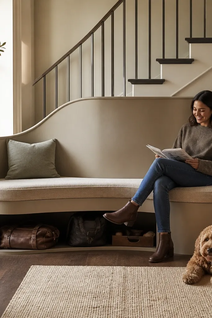 Under-stairs bench with a hinged seat panel and hidden storage