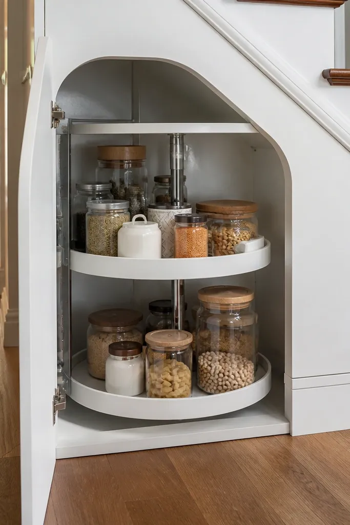 Under-stairs rotating organizer holding small bottles and jars