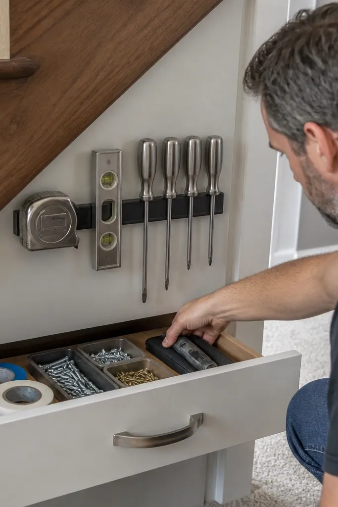 Under-stairs magnetic strip with tools and a small drawer below