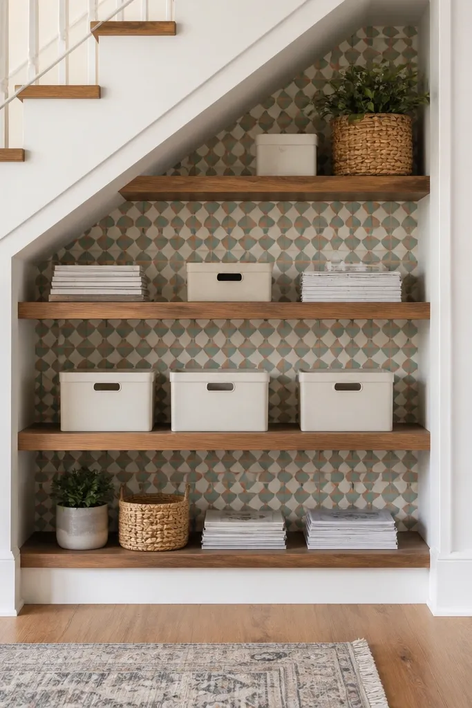 Under-stairs open shelves with a patterned back wall and styled baskets