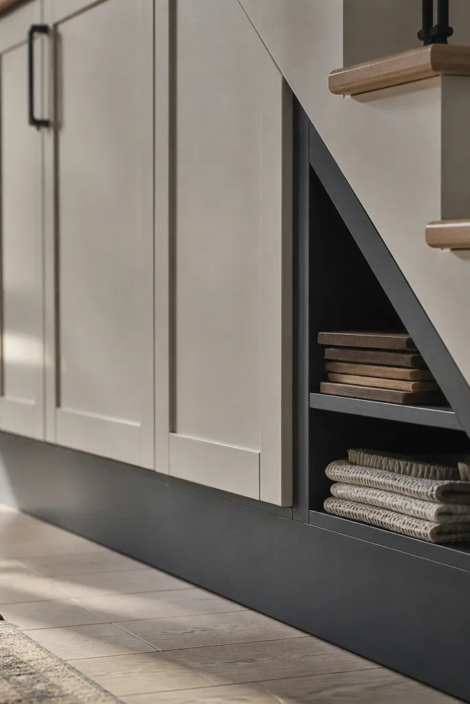 Under-stairs built-in with skirt wrap hiding narrow side shelves