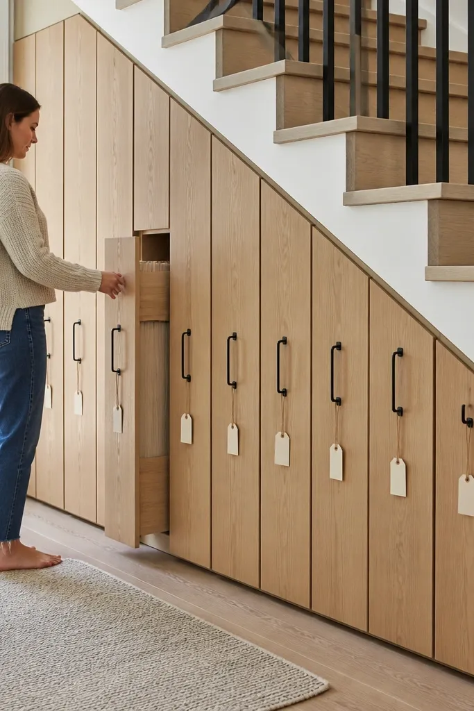 Narrow drawers on stair side with labels and clear pull handles