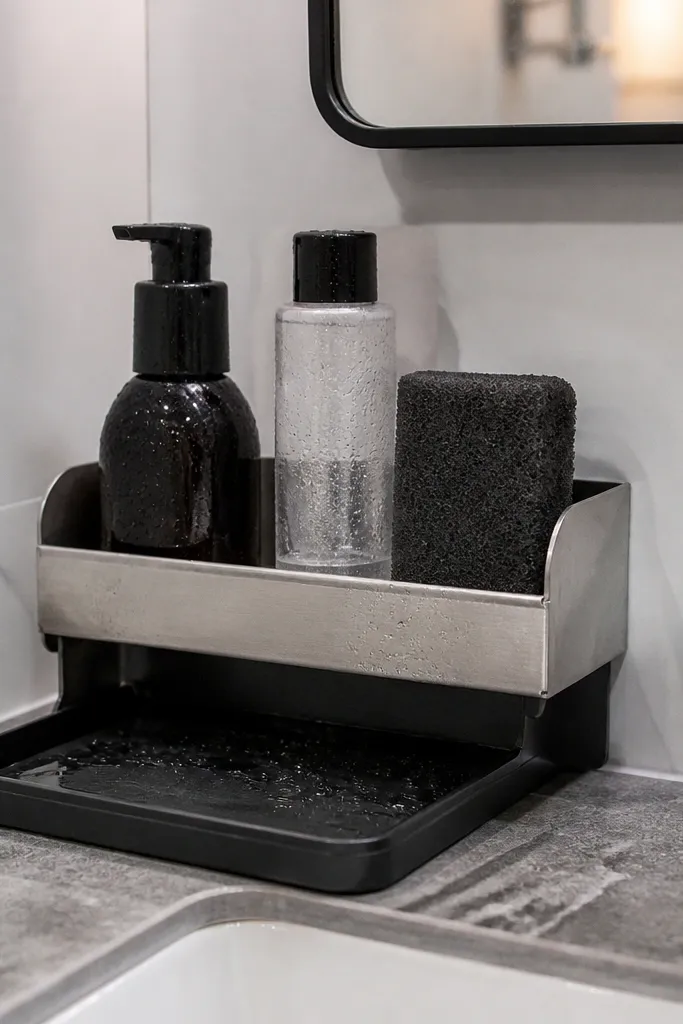 White counter caddy with a small drain tray holding skincare bottles and a sponge