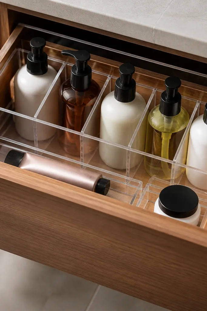 Grey drawer insert with sliding dividers holding tall skincare bottles