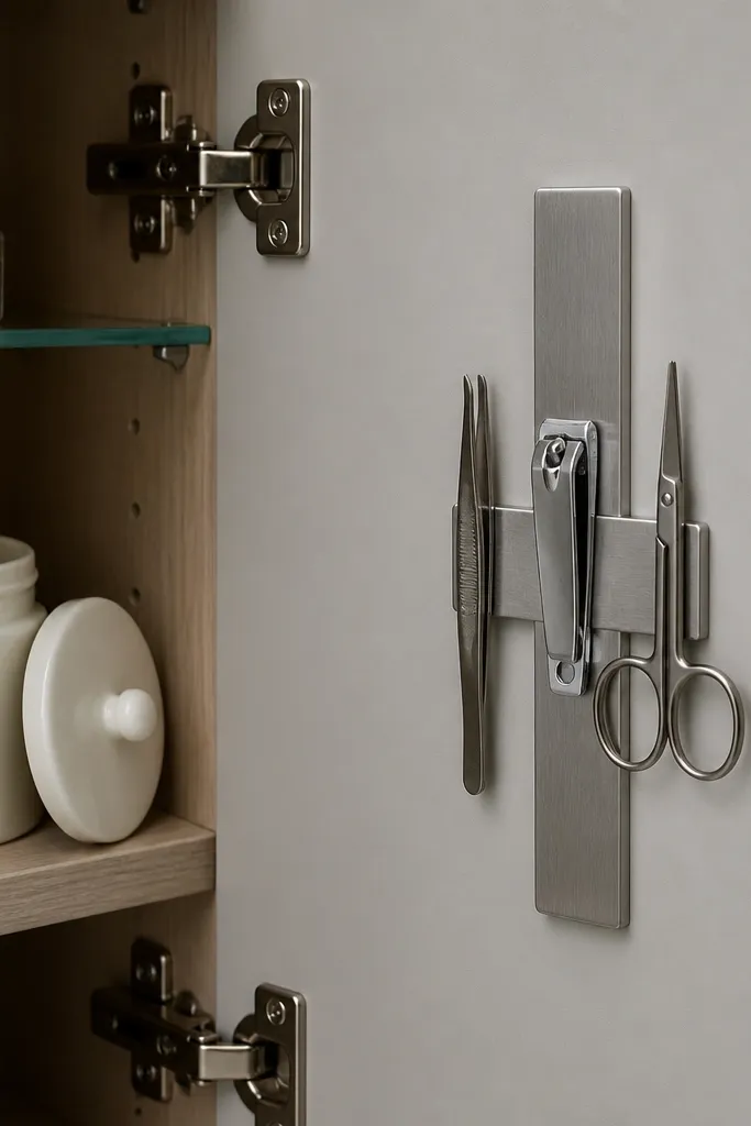Small magnetic strip mounted inside a cabinet holding tweezers and scissors