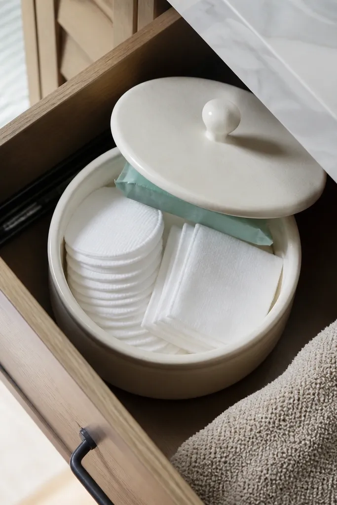 White lidded bin in a vanity drawer holding cotton pads and wipes