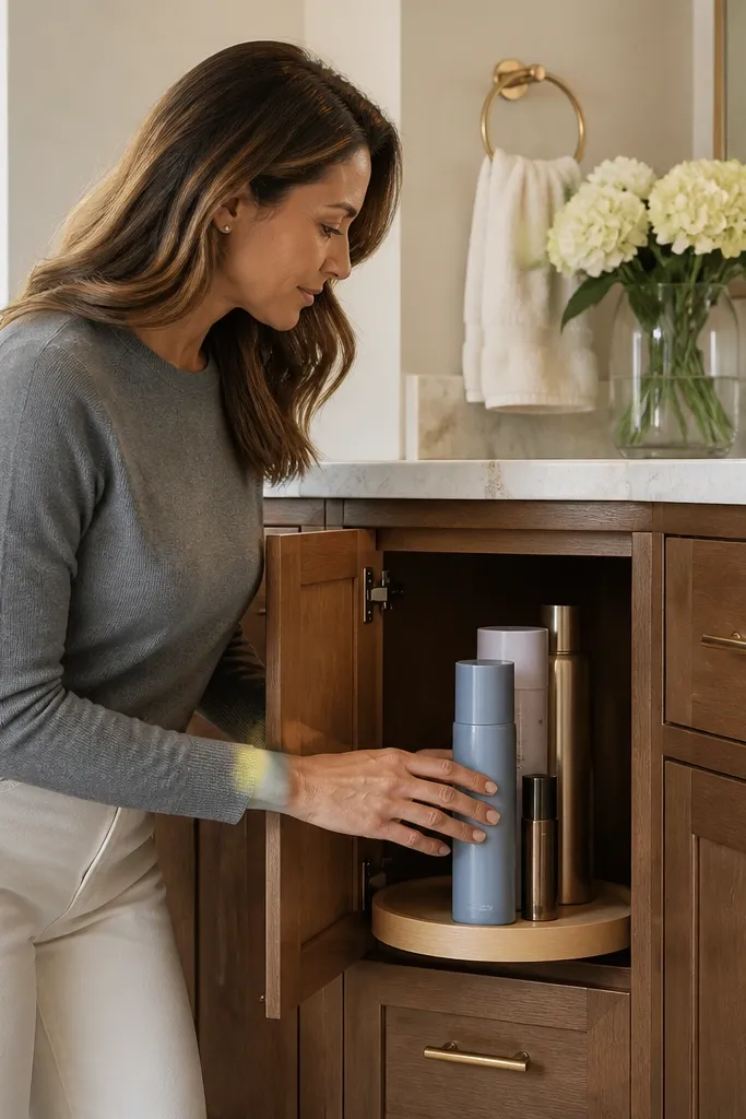 Small rotating tray in a vanity corner holding hair and skin products