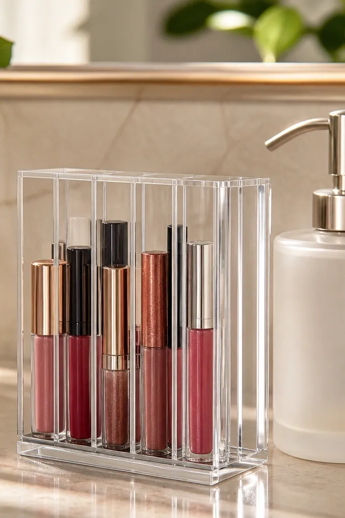 Clear vertical organizer with compartments for lipsticks and small skincare tubes