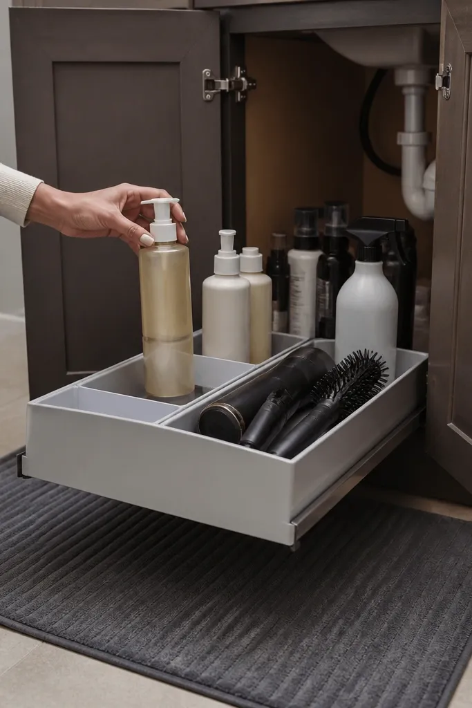 Pullout shelf under the sink holding spray bottles and a hair tool pouch
