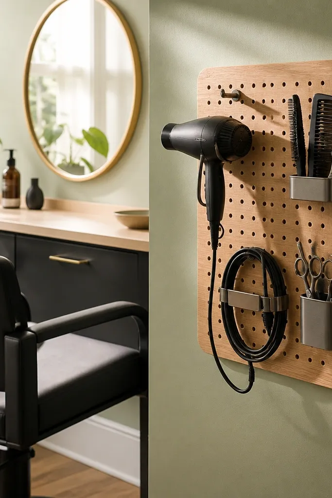 Small pegboard mounted near vanity holding brushes, clips, and a cord hook