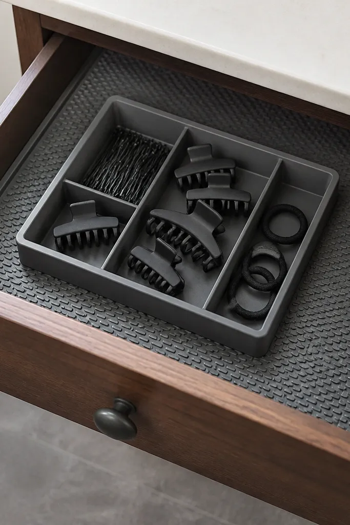 Drawer lined with silicone and a small adjustable tray holding hair clips