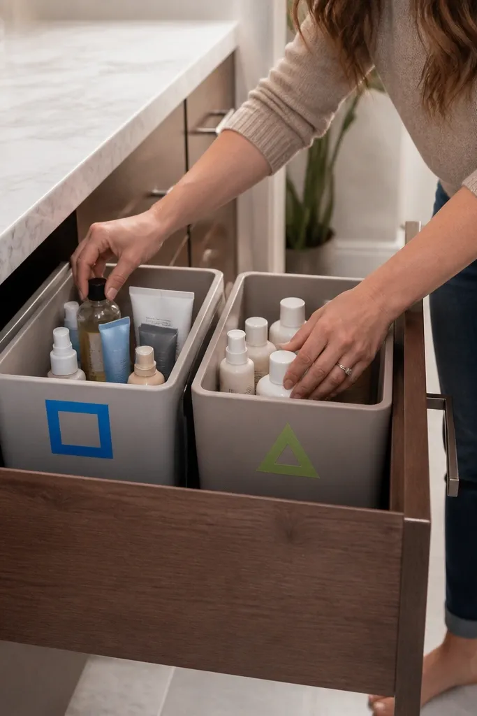 Two clear bins stacked with labels 'Next' and 'This season' inside a vanity cabinet