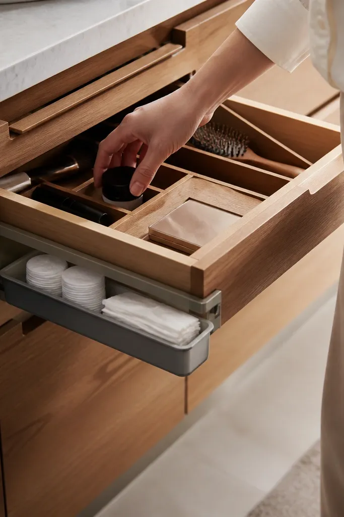 Small bin tucked under a vanity drawer holding backups and travel sizes