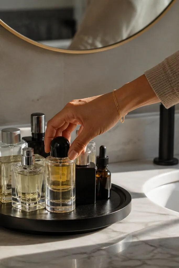 Small rotating tray on vanity holding perfume and hair oil bottles in labeled slots