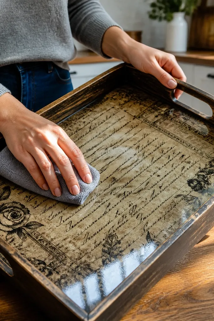 Wood tray covered in French script paper with a clear shiny finish