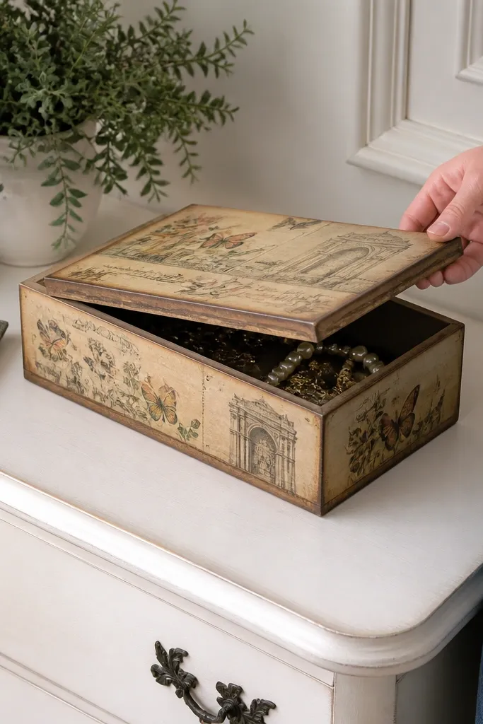 Small wooden box lid covered in postcard paper with a matte finish