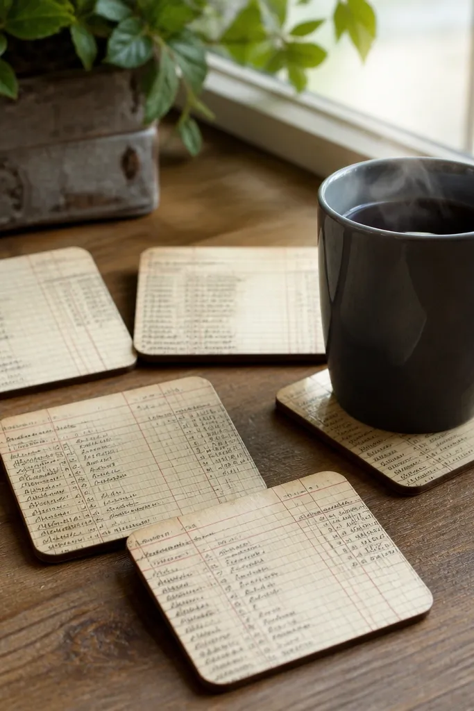 Set of coasters with ledger-style paper and a protective clear finish