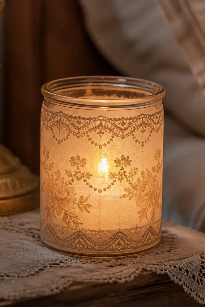 Glass votive jar wrapped with lace-style vintage paper and sealed shine
