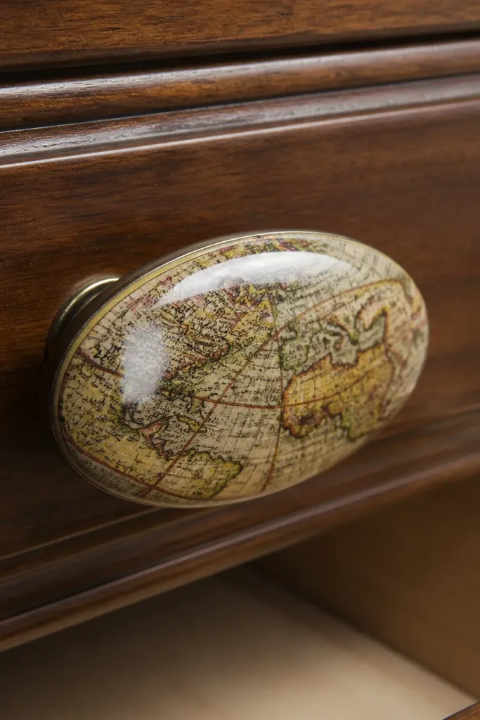 Drawer pulls covered with map paper, sealed to a glossy smooth finish