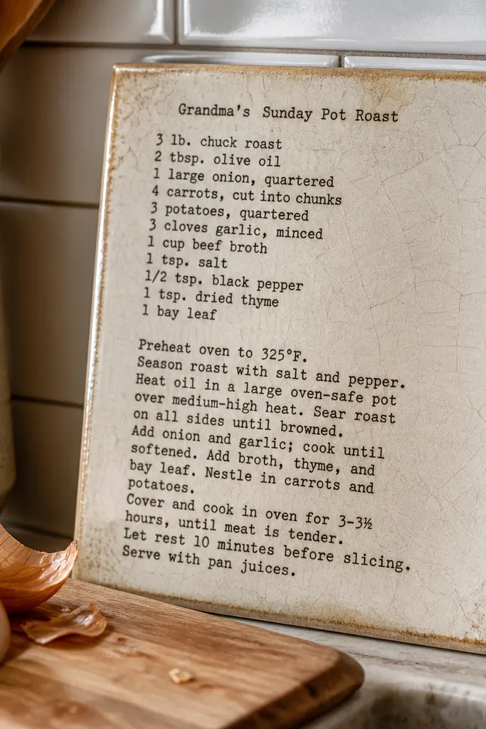 Ceramic tile with vintage recipe paper sealed under clear glossy topcoat