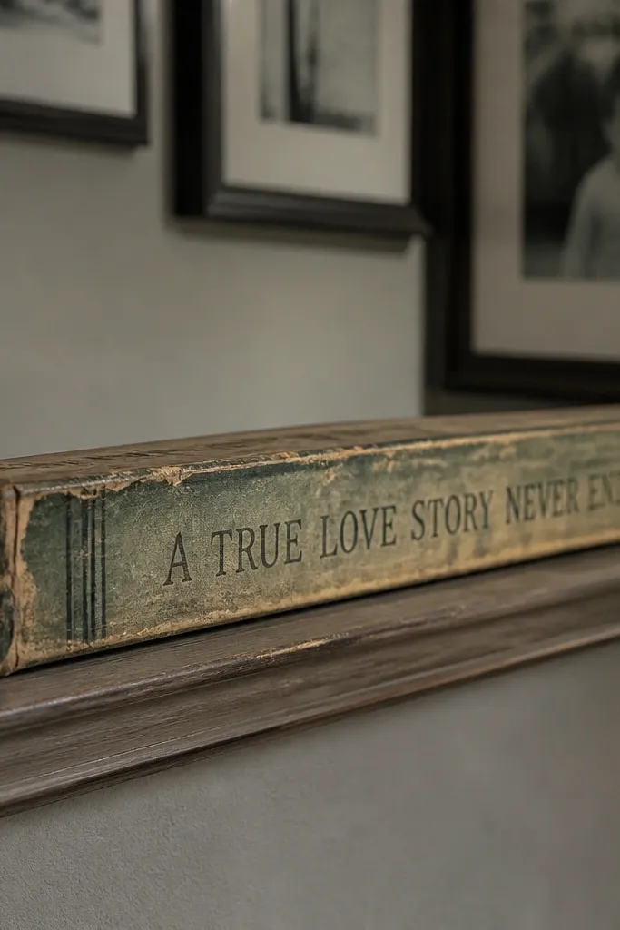 Wood sign shaped like a book spine covered in shabby vintage paper