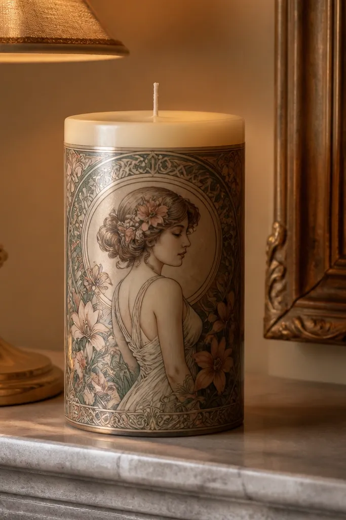Candle sleeve wrapped with art nouveau paper and clear glossy finish