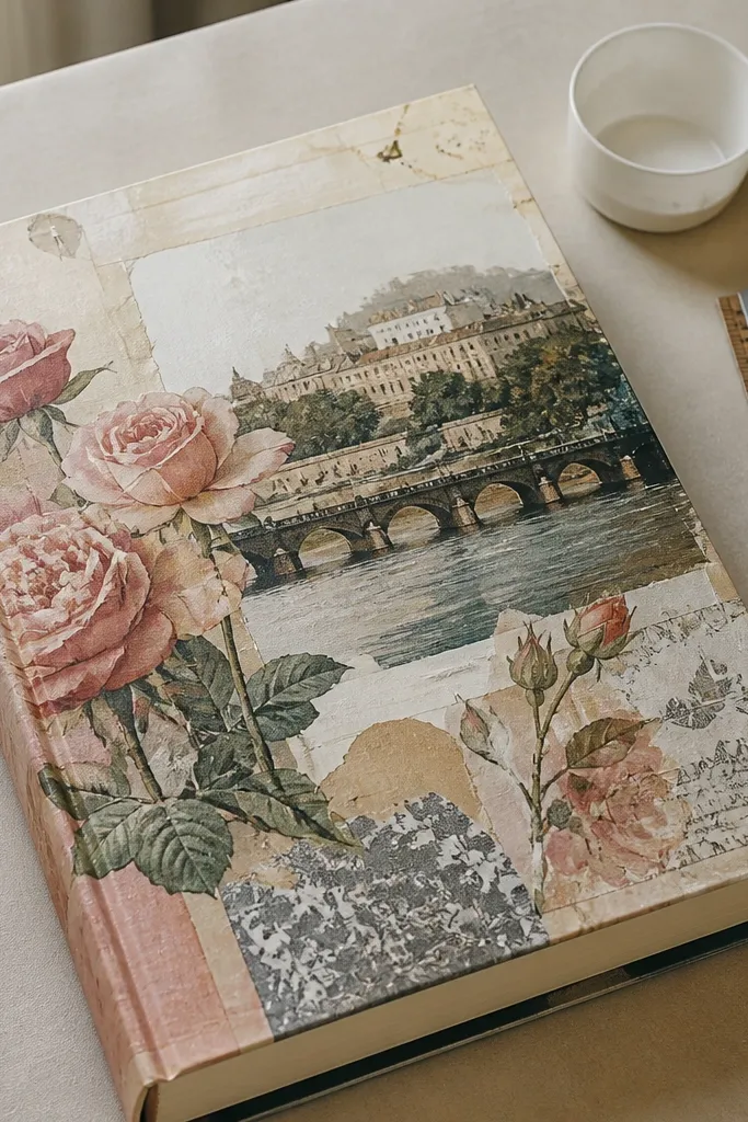 Book cover wrapped in vintage paper with a soft satin sealed surface
