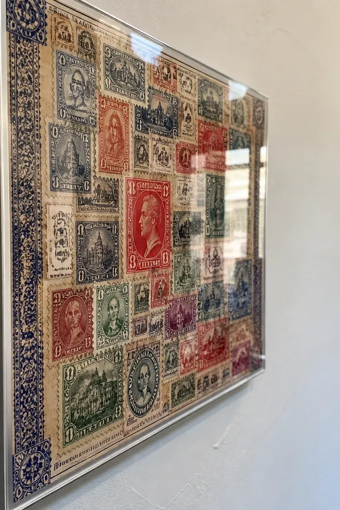 Wall art panel with vintage postage paper sealed under clear UV topcoat