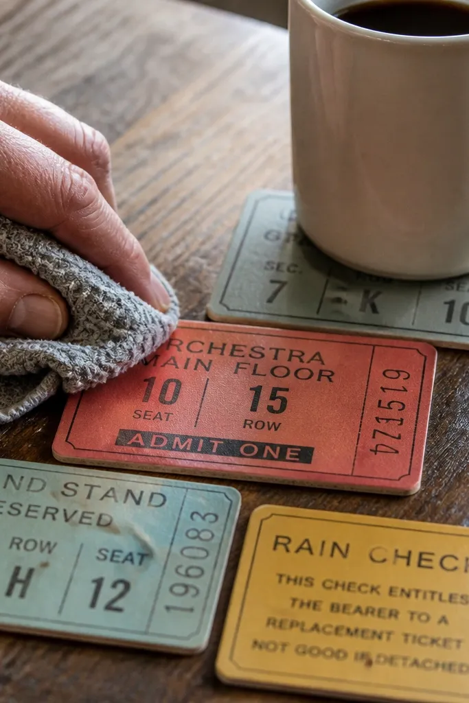 Four round ticket-stub coasters with crisp edges and glossy sealed surface